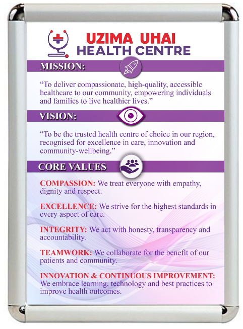 Original health centre poster displaying the mission, vision and core values